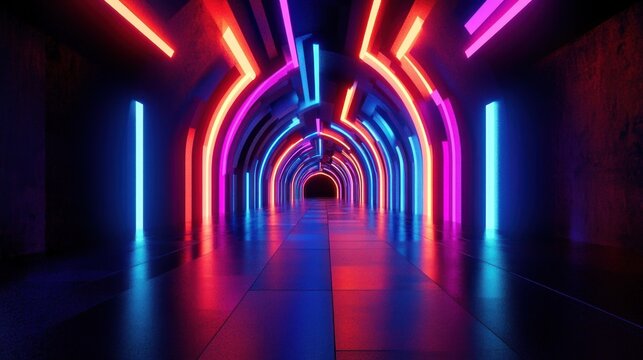 futuristic neon arched tunnel with colorful glowing light strips and reflective tiled floor, symmetric corridor receding to dark vanishing point, vibrant electric atmosphere - Powered by Adobe