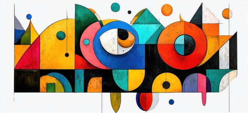 colorful geometric abstract composition of circles, semicircles, triangles and rectangles with an eye-like focal shape and textured paint conveying a playful energetic mood
