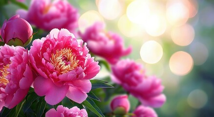 Vibrant pink peony blossoms and buds with green leaves bathed in warm golden bokeh light, evoking serene joyful freshness