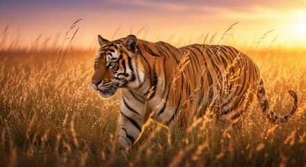 Majestic tiger prowls golden grassland illuminated by the warm sunset hues evoking serene power