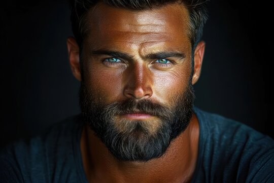 close-up portrait of a middle-aged man with salt-and-pepper beard and short hair wearing a blue t-shirt, visible ears and neckline, low-key dramatic lighting conveying a contemplative serious mood