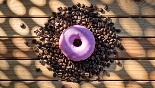 Top view of a pink glazed donut surrounded by roasted coffee beans on a wooden surface - Powered by Adobe