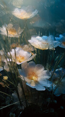 Ethereal Submerged Poppies With Translucent Fiber Optic Petals Illuminated By Filtering Light Rays.