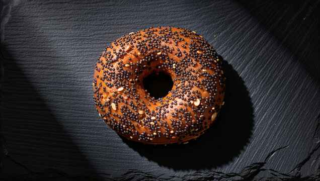 Delicious everything bagel with poppy seeds on a dark slate background in dramatic lighting