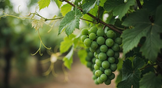 Vineyard Green Grapes: A close-up view of a vibrant bunch of green grapes hanging on a vine, nestled among lush green leaves, evokes the freshness of the vineyard. - Powered by Adobe