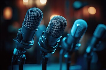 four microphones on stands under cool blue stage lighting with warm blurred lights in the background, evoking anticipation and focused performance-ready energy