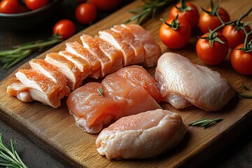 raw chicken cuts and sliced breast on wooden cutting board with cherry tomatoes on the vine and rosemary, fresh appetizing rustic kitchen preparation