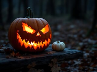 A glowing jack-o’-lantern sits on a rustic wooden table surrounded by white pumpkins and autumn leaves. Set in a forest with a moody fall atmosphere