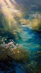Sunlit Shallow Stream Of Turquoise Water Flowing Through Tall Golden Marsh Grass And Wildflowers.