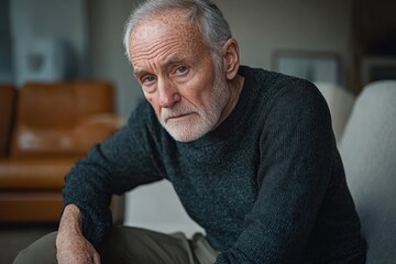 elderly man with grey hair sitting on sofa in living room, wearing dark knit sweater and casual pants, leaning forward with hands on knees, pensive and reflective mood