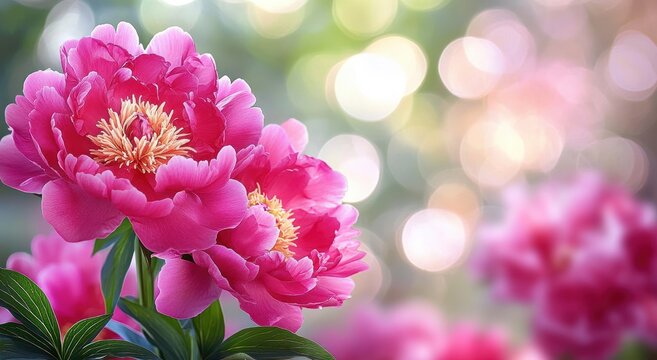 Vibrant pink peony blooms with layered petals and golden stamens, green leaves and soft sunlit bokeh background conveying dreamy romantic serenity