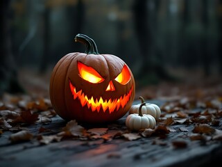 A glowing jack-o’-lantern sits on a rustic wooden table surrounded by white pumpkins and autumn leaves. Set in a forest with a moody fall atmosphere