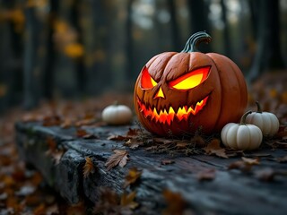 A glowing jack-o’-lantern sits on a rustic wooden table surrounded by white pumpkins and autumn leaves. Set in a forest with a moody fall atmosphere