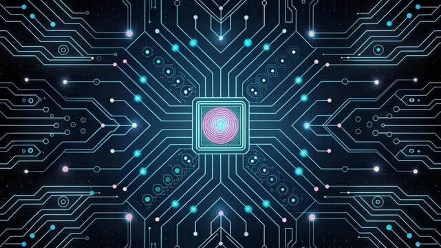 Abstract technological circuit board background with neon glow motion electronic data flow high tech system animation futuristic design