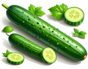 Vivid still-life featuring whole, sliced cucumbers and fresh green leaves