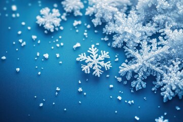 delicate crystalline snowflakes and tiny ice crystals resting on a cool blue surface, sparkling with serene wonder