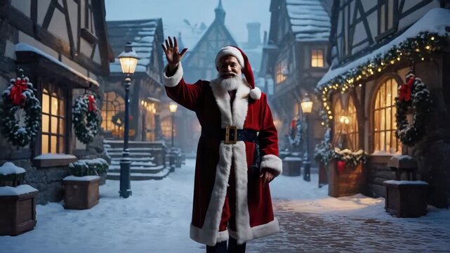 Santa claus waves hello in a charming snow covered village square during a festive winter evening