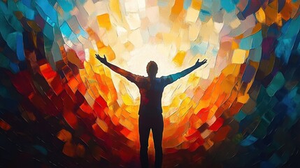 Backlit human silhouette with arms outstretched before a radiant mosaic of colorful light and textured brushstrokes, evoking triumph, hope, and uplifted joy