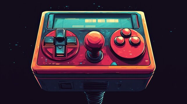 Vibrant retro arcade controller with red joystick, directional pad, three buttons, small display and coiled cable on dark background evoking playful nostalgic energy