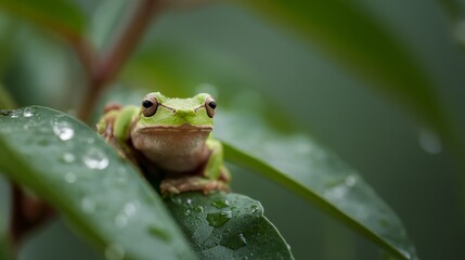 Green frog is sitting on a leaf