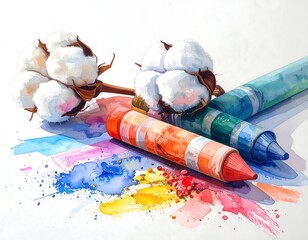 Watercolor art of cotton, crayons, and colorful paint splatters