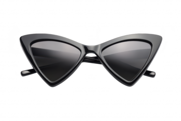 A stylish pair of black cat-eye sunglasses positioned on a clean white background. highlighting their unique shape and design. ideal for fashion photography or online retail