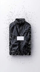 A black jacket is being sprayed with water, with droplets splashing around it, highlighting its water-repellent quality.