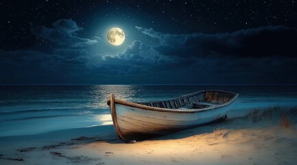 Weathered wooden rowboat resting on a sandy shore beneath a glowing full moon and starry clouded sky, moonlight reflecting on calm sea in a tranquil, solitary nighttime scene