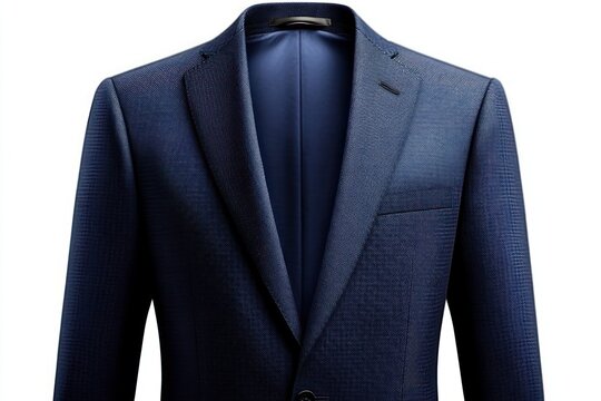 Navy blue tailored men's suit jacket with notched lapel and chest pocket on hanger, textured fabric and satin lining, elegant professional mood