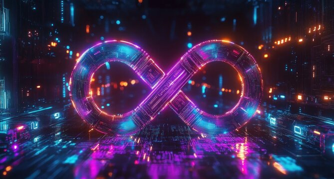 glowing neon infinity loop of circuitry floating in a reflective futuristic digital corridor with vibrant purple, blue and orange lights, evoking awe and wonder