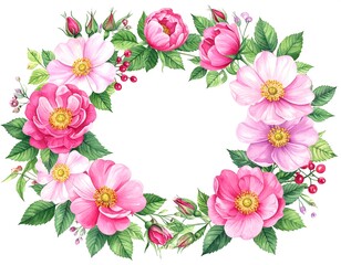 Watercolor floral wreath with pink blossoms and green leaves