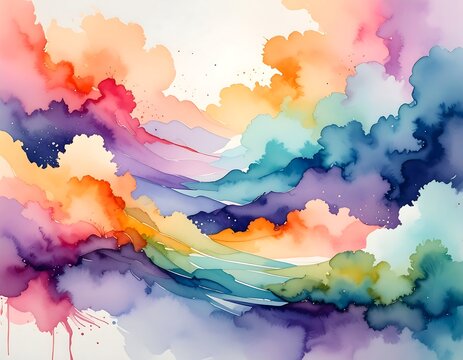 Watercolor abstract of flowing, colorful cloud formations