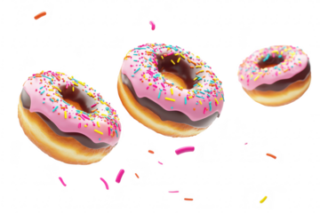 Three colorful donuts with pink icing and chocolate drizzle. surrounded by falling sprinkles. creating a joyful and festive atmosphere. suitable for food-related content