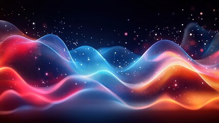 Ethereal glowing neon waves and shimmering particles over a dark background evoking dreamy serene motion and vibrant energy