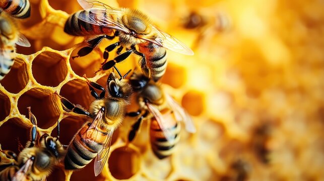 Macro close-up of busy honeybees working on hexagonal honeycomb under warm golden light, conveying industrious teamwork and motion