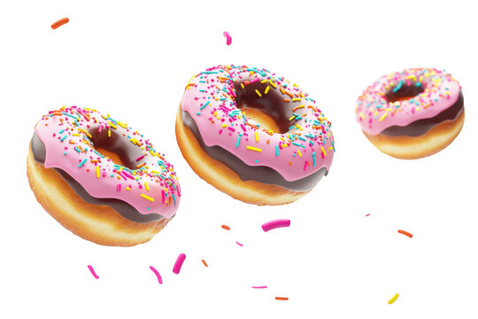 Three colorful donuts with pink icing and chocolate drizzle. surrounded by falling sprinkles. creating a joyful and festive atmosphere. suitable for food-related content
