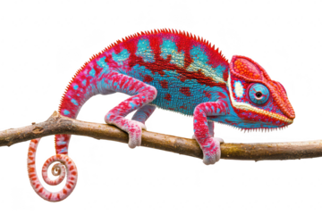 A chameleon with striking blue and red patterns perches on a branch. its unique coloration and texture against a plain white background. ideal for nature-themed projects