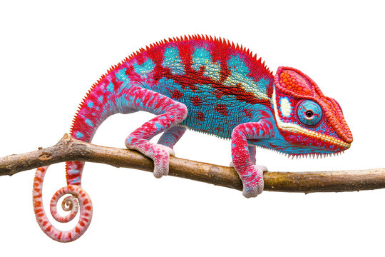 A chameleon with striking blue and red patterns perches on a branch. its unique coloration and texture against a plain white background. ideal for nature-themed projects