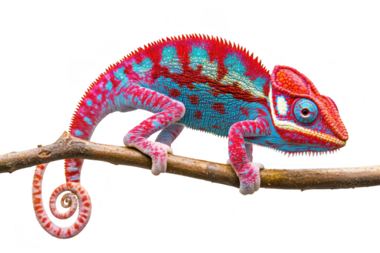 A chameleon with striking blue and red patterns perches on a branch. its unique coloration and texture against a plain white background. ideal for nature-themed projects