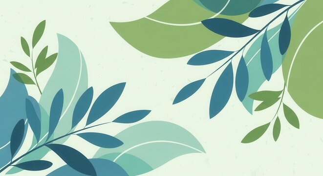 Stylized botanical design featuring overlapping foliage in cool and earthy tones