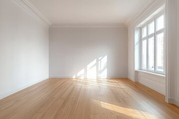 Sunlit empty room with wooden floor, large multi-pane windows, white walls, decorative crown molding and a calm airy atmosphere