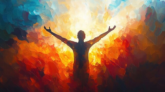 Silhouette of a person with outstretched arms amid radiant abstract light and fiery brushstrokes, evoking triumph, hope and spiritual liberation