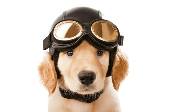 A golden retriever puppy wearing vintage aviator goggles. posing against a white background. a playful and adventurous spirit perfect for pet-themed marketing or social media