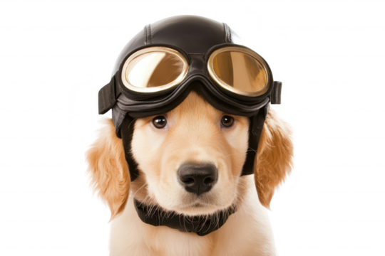 A golden retriever puppy wearing vintage aviator goggles. posing against a white background. a playful and adventurous spirit perfect for pet-themed marketing or social media
