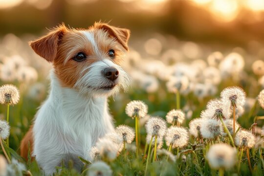 small brown and white dog sitting in a meadow of dandelion seed heads at golden hour, peaceful and dreamy
