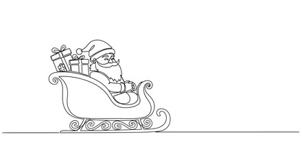 Single line illustration of Santa Claus in his sleigh full of presents creating a magical