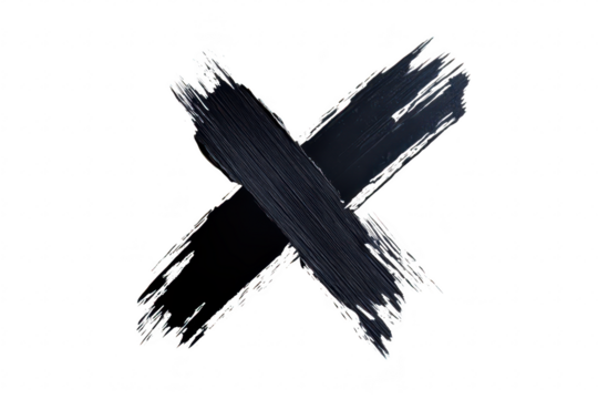 A bold. abstract black brushstroke forming an X shape on a clean white background. symbolizing creativity and artistic expression. ideal for use in modern design projects
