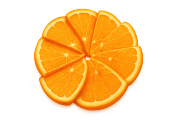 Orange slices forming a circle, juicy citrus fruit segments arranged radially, providing vitamin c on transparent background