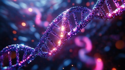 Glowing purple and blue DNA double helix with sparkling particles and soft bokeh background conveying wonder, mystery, and futuristic scientific discovery