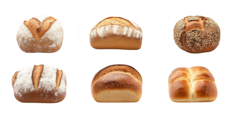 A collection of freshly baked bread loaves arranged in a neat row. various textures and shapes. ideal for culinary use. food photography. or bakery promotions